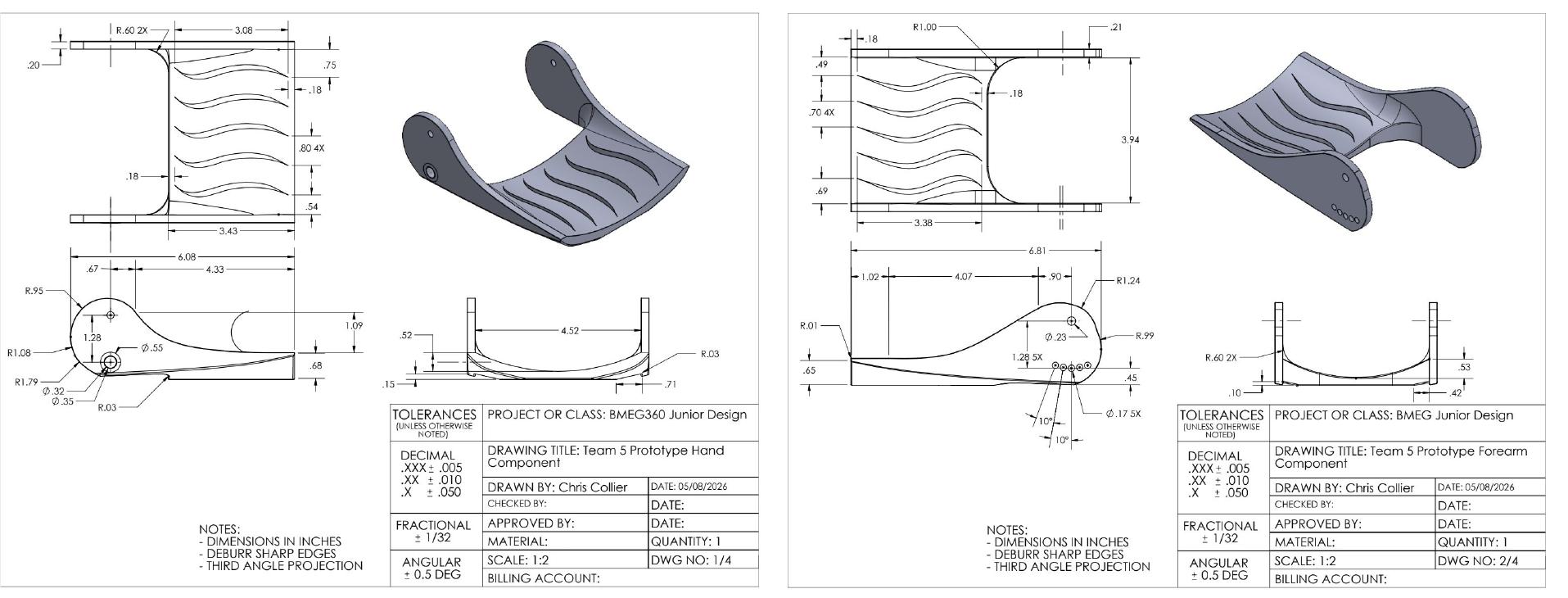 Dimensioned engineering drawings of the hand and forearm components with isometric views, section views, and title blocks.