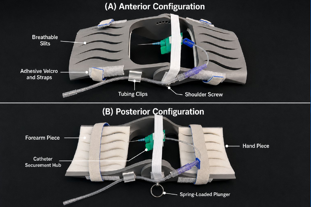 Annotated photos of the final prototype in anterior and posterior configurations showing breathable slits, velcro straps, tubing clips, shoulder screw, catheter securement hub, and spring-loaded plunger.