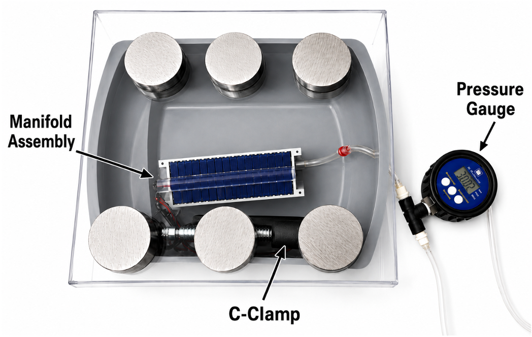 Manifold assembly pressure hold test setup with C-clamped housing and digital pressure gauge.