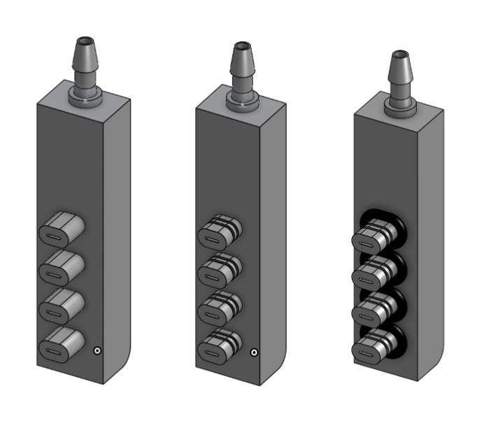 Three CAD renders of the blood distribution manifold showing the unsealed baseline, adhesive groove, and O-ring face seal iterations.