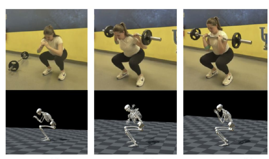 Three squat variations recorded on video with the corresponding OpenCap skeletal reconstructions below each.